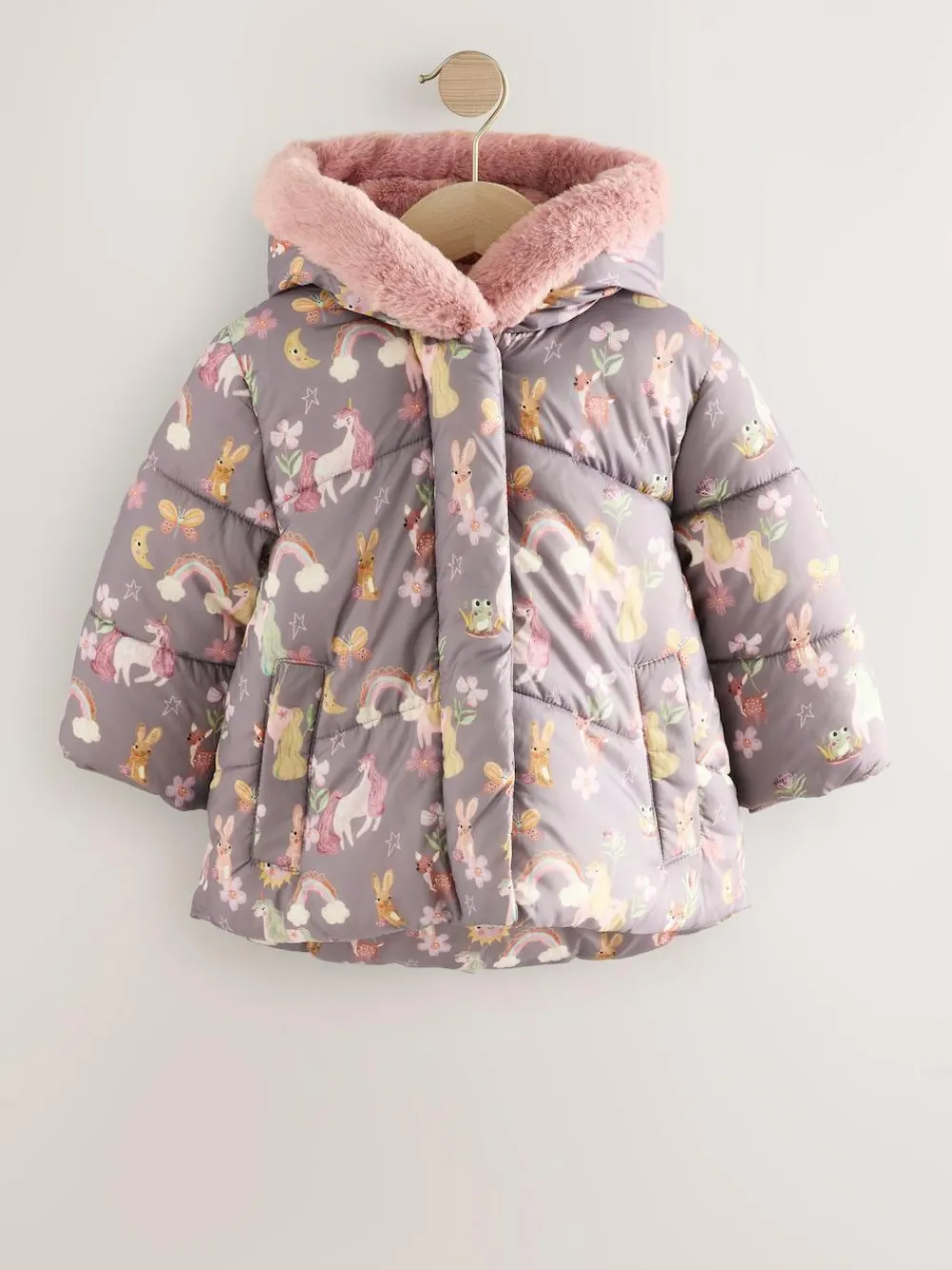 Online Next Shower Resistant Faux Fur Trim Padded Coat (3mths-7yrs) Damson Unicorn