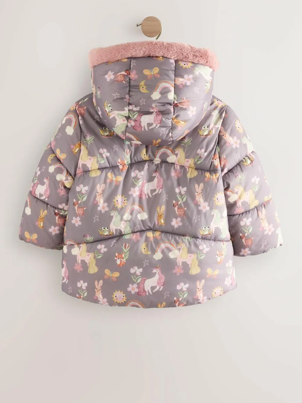 Online Next Shower Resistant Faux Fur Trim Padded Coat (3mths-7yrs) Damson Unicorn