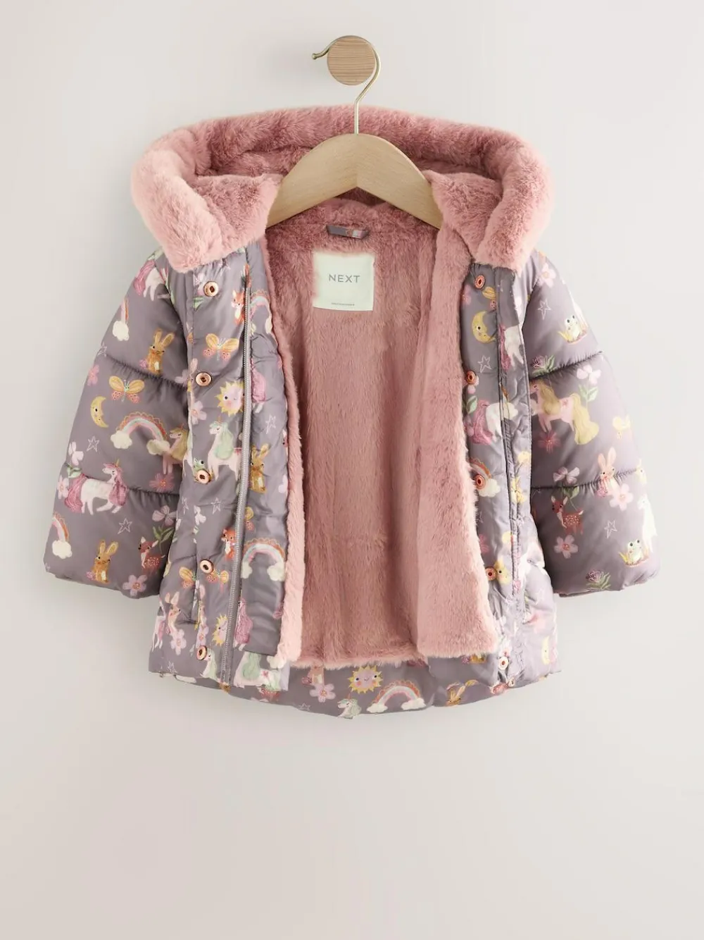 Online Next Shower Resistant Faux Fur Trim Padded Coat (3mths-7yrs) Damson Unicorn