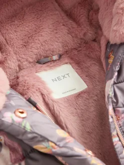 Online Next Shower Resistant Faux Fur Trim Padded Coat (3mths-7yrs) Damson Unicorn