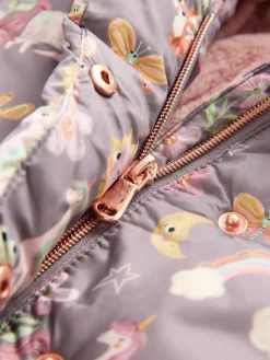 Online Next Shower Resistant Faux Fur Trim Padded Coat (3mths-7yrs) Damson Unicorn