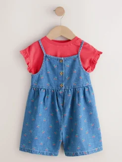Next Dark Blue Cherry Printed Denim Playsuit and T-Shirt (3mths-7yrs)^ Jumpsuits & Playsuits