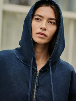 Hot Next Dark Blue Denim Jersey Zip Through Hoodie