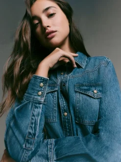 Hot Next Denim Midi Shirt Dress Dark Blue