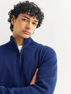 Next Dark Blue Plain N.Premium Regular Fit 100% Cotton Premium Quarter Zip Jumper^ Knitwear|Knitwear