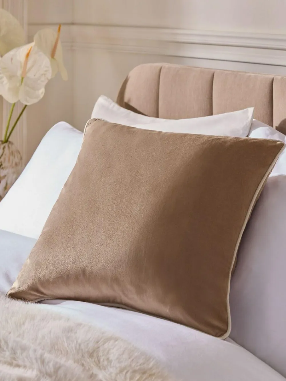 Next Dark Natural Matte Velvet Contrast Pipe 50 x 50cm Cushion^ Cushions & Throws