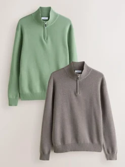 Outlet Next N.Premium 100% Cotton Regular Fit Premium Quarter Zip Jumpers 2 Pack Dark Stone/Sage Green