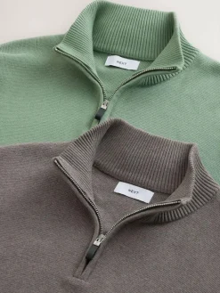 Outlet Next N.Premium 100% Cotton Regular Fit Premium Quarter Zip Jumpers 2 Pack Dark Stone/Sage Green