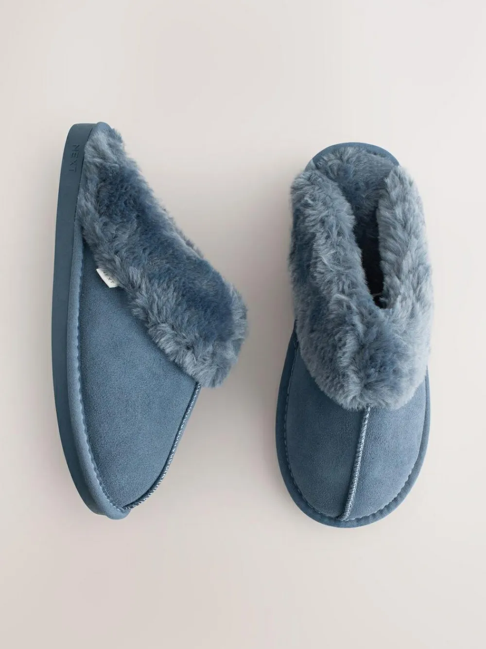Next Denim Blue Faux Fur Lined Suede Mule Slippers^Women Slippers|All Night & Lounge