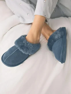 Next Denim Blue Faux Fur Lined Suede Mule Slippers^Women Slippers|All Night & Lounge