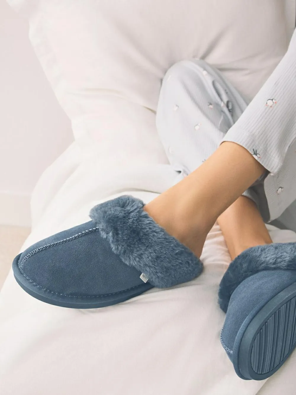 Next Denim Blue Faux Fur Lined Suede Mule Slippers^Women Slippers|All Night & Lounge