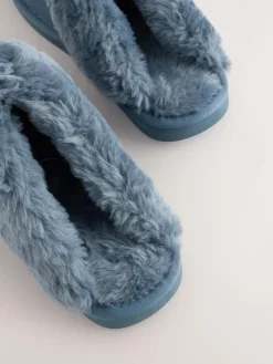 Next Denim Blue Faux Fur Lined Suede Mule Slippers^Women Slippers|All Night & Lounge