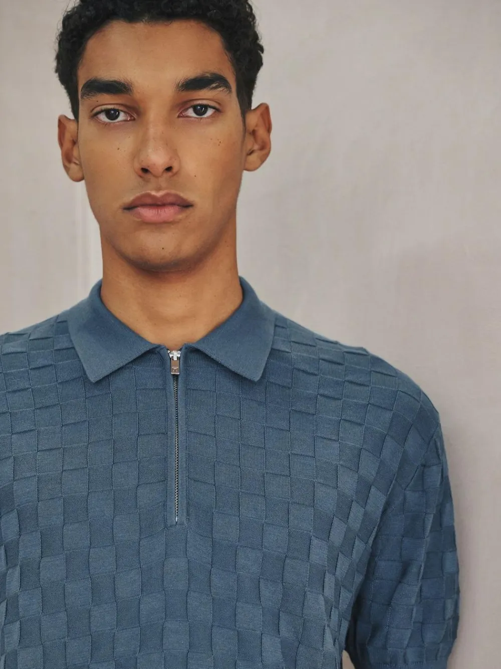 Next N.Premium Regular Fit Checkerboard Knitted Short Sleeve Zip Neck Polo Shirt Denim Blue