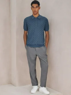 Next N.Premium Regular Fit Checkerboard Knitted Short Sleeve Zip Neck Polo Shirt Denim Blue