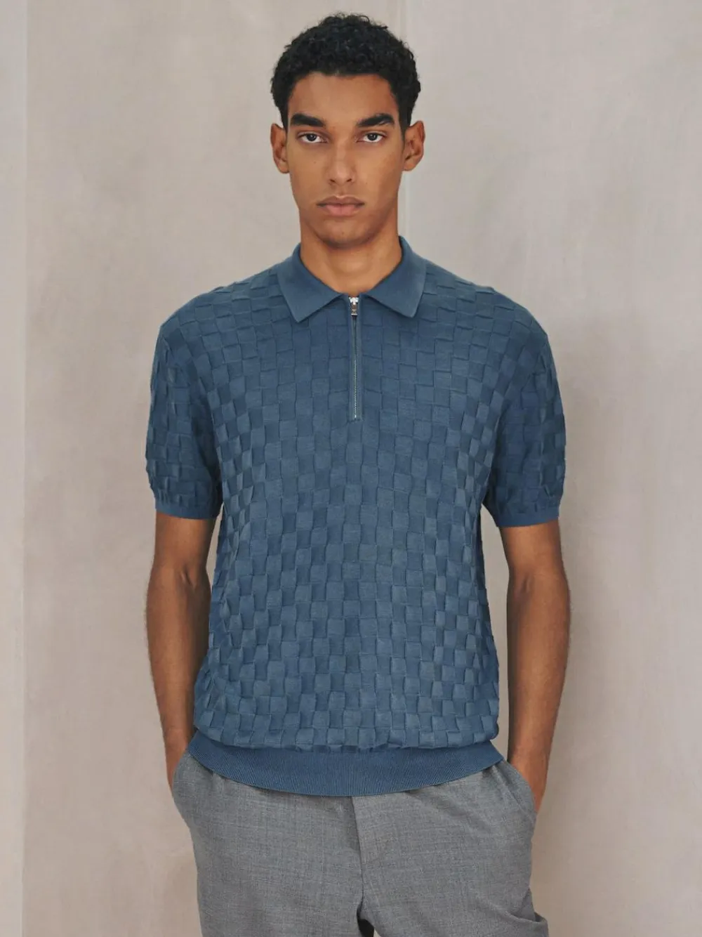 Next N.Premium Regular Fit Checkerboard Knitted Short Sleeve Zip Neck Polo Shirt Denim Blue