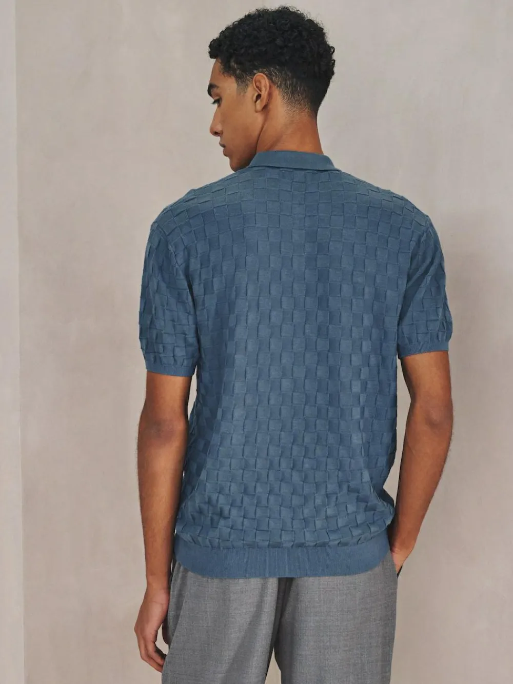 Next N.Premium Regular Fit Checkerboard Knitted Short Sleeve Zip Neck Polo Shirt Denim Blue
