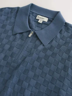 Next N.Premium Regular Fit Checkerboard Knitted Short Sleeve Zip Neck Polo Shirt Denim Blue