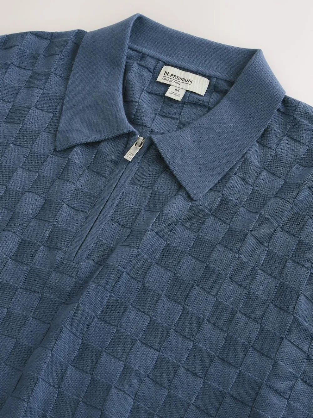 Next N.Premium Regular Fit Checkerboard Knitted Short Sleeve Zip Neck Polo Shirt Denim Blue