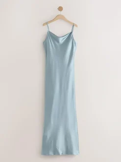 Clearance Next Dusky Blue Satin Cowl Neck Wedding Guest Bridesmaid Maxi Dress