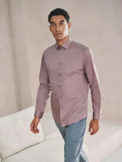 Next Dusky Pink Slim Fit Cotton Stretch Long Sleeve Formal Shirt^ Shirts