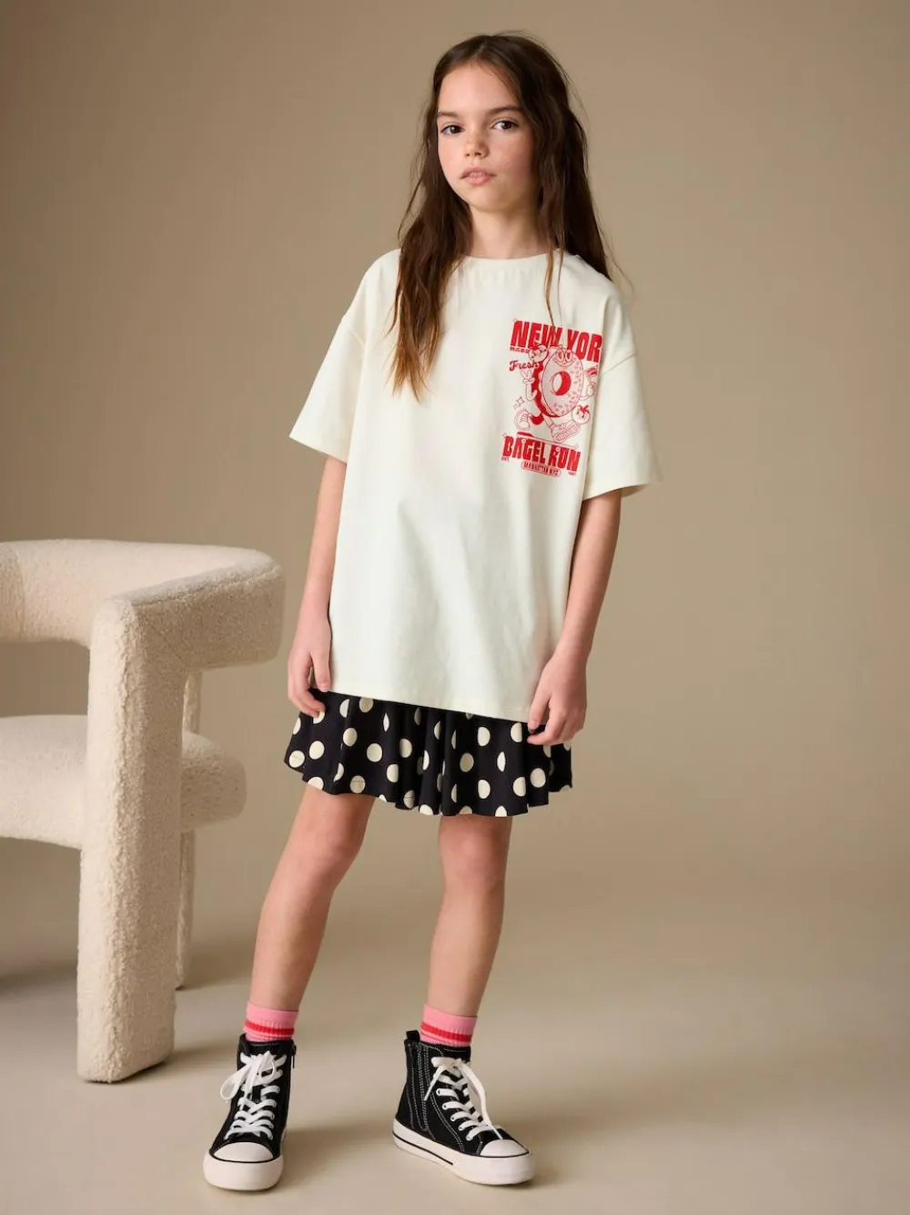 Next Ecru Bagel Oversized Graphic Print T-Shirt (3-16yrs)^ Tops|T-Shirts
