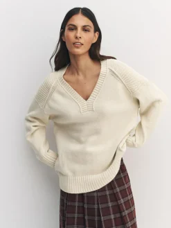 Best Next Cotton And Wool Blend Longline V-Neck Jumper Ecru