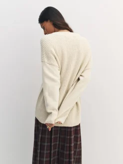 Best Next Cotton And Wool Blend Longline V-Neck Jumper Ecru