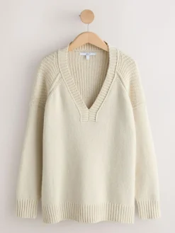 Best Next Cotton And Wool Blend Longline V-Neck Jumper Ecru