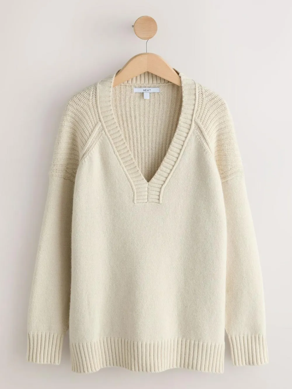 Best Next Cotton And Wool Blend Longline V-Neck Jumper Ecru