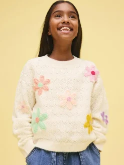 Next Ecru 3D Flower Embroidered Jumper (3-16yrs)^ Nightwear|Knitwear & Sweaters