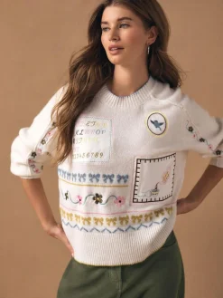 New Next Ecru Embroidered Crew Neck Knitted Jumper with Wool