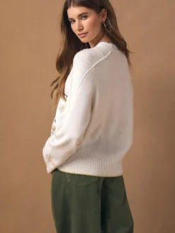 New Next Ecru Embroidered Crew Neck Knitted Jumper with Wool