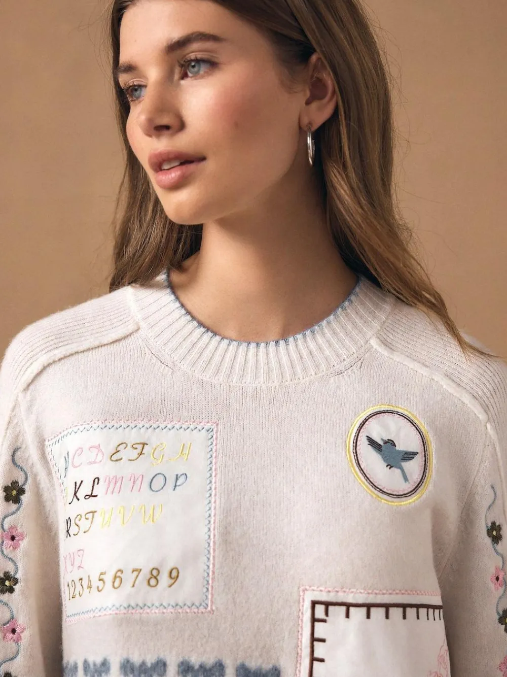 New Next Ecru Embroidered Crew Neck Knitted Jumper with Wool