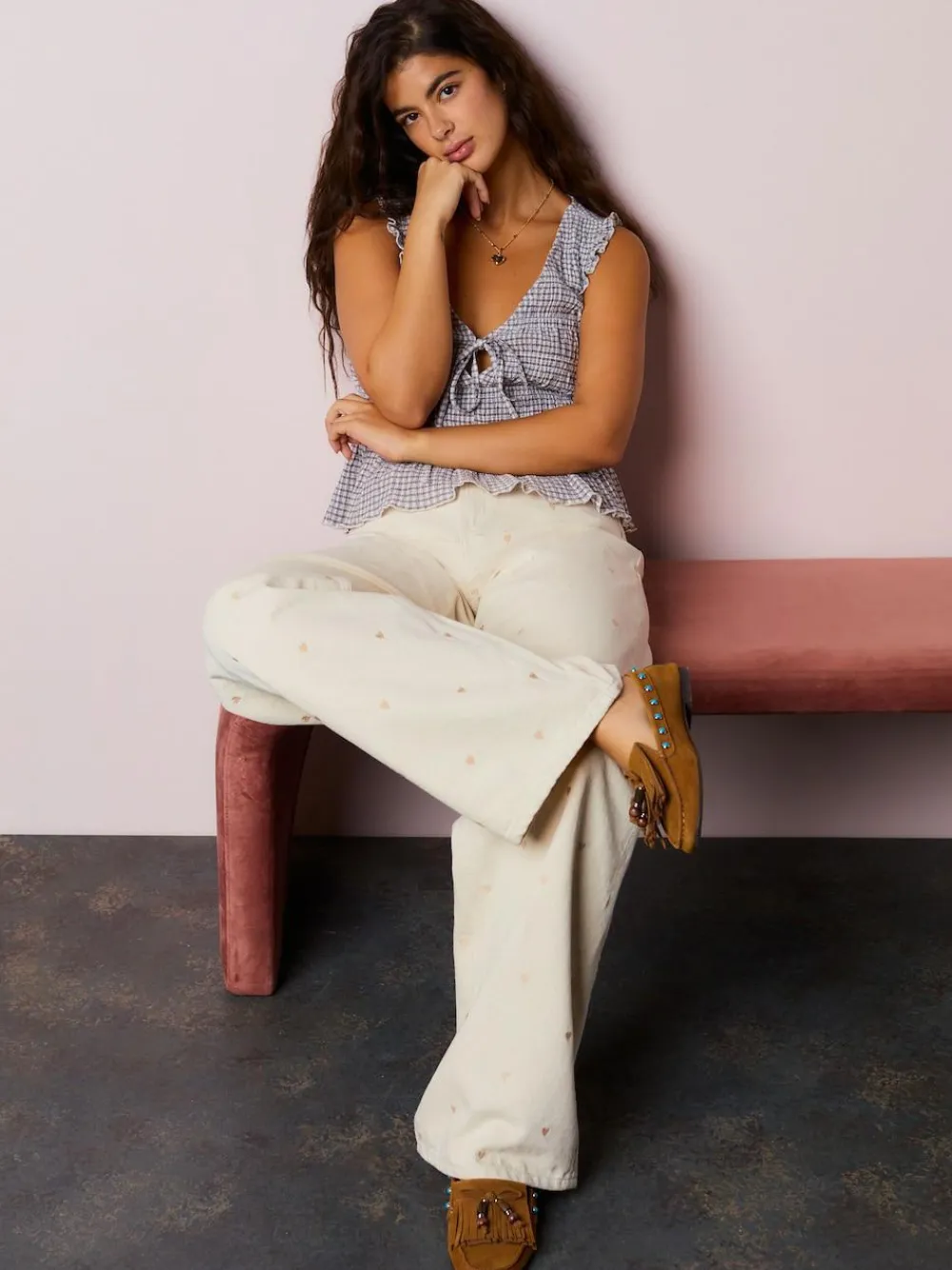 Online Next Ecru Embroidered Heart Wide Leg Jeans