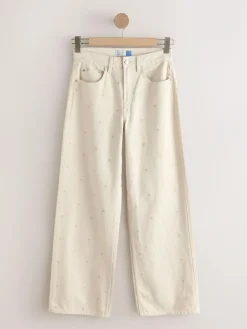 Online Next Ecru Embroidered Heart Wide Leg Jeans