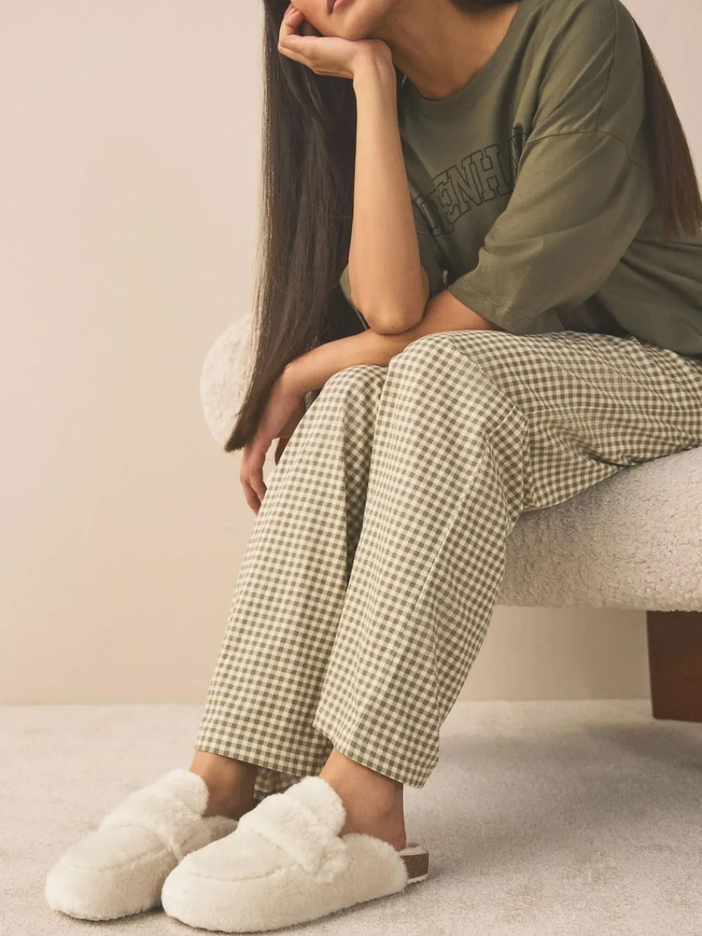 Next Ecru Faux Fur Heart Footbed Slippers^Women All Night & Lounge|Slippers