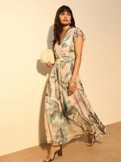 Next Pleated Mesh Print V-Neck Occasion Maxi Dress^Women Occasion Dresses|Maxi Dresses