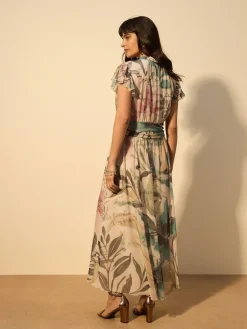 Next Pleated Mesh Print V-Neck Occasion Maxi Dress^Women Occasion Dresses|Maxi Dresses