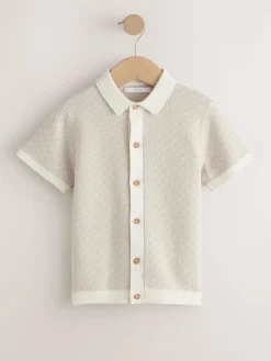 Next Ecru Geo Knitted Button Through Polo Shirt (3-16yrs)^BOY Knitwear & Sweaters|Knitwear