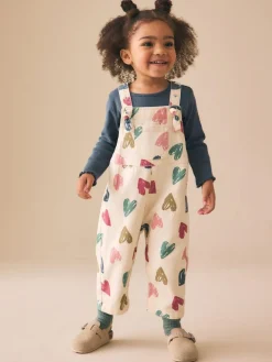 Clearance Next Ecru Heart Print Dungarees and T-Shirt Set (3mths-7yrs)