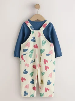 Clearance Next Ecru Heart Print Dungarees and T-Shirt Set (3mths-7yrs)