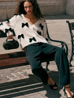 Sale Next Knitted Velvet Bow Cardigan With Wool Ecru