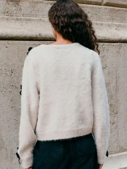 Sale Next Knitted Velvet Bow Cardigan With Wool Ecru