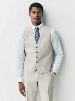 Next Ecru Linen Blend Texture Suit Waistcoat^ Vests