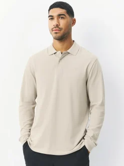 Best Next Ecru Oatmeal Regular Fit Long Sleeve Pique Polo Shirt