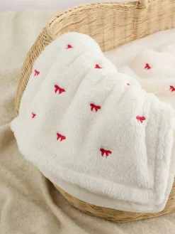 Next Ecru Red Bow Embroidered Baby Cosy Fleece Blanket^ Cushions & Throws|Nursery Bedding