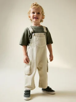 Next Ecru Twill Woven Cotton Cargo Dungarees (3mths-7yrs)
