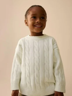 Next Ecru White Cable Knit Crew Neck Jumper (3mths-7yrs)^BOY Knitwear|Knitwear