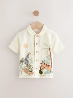 Outlet Next Ecru White Short Sleeve Embroidered 100% Cotton Shirt (3mths-7yrs)