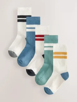 New Next Ecru/Blue/Mineral Cushioned Footbed Cotton Rich Ribbed Tipped Socks 5 Pack